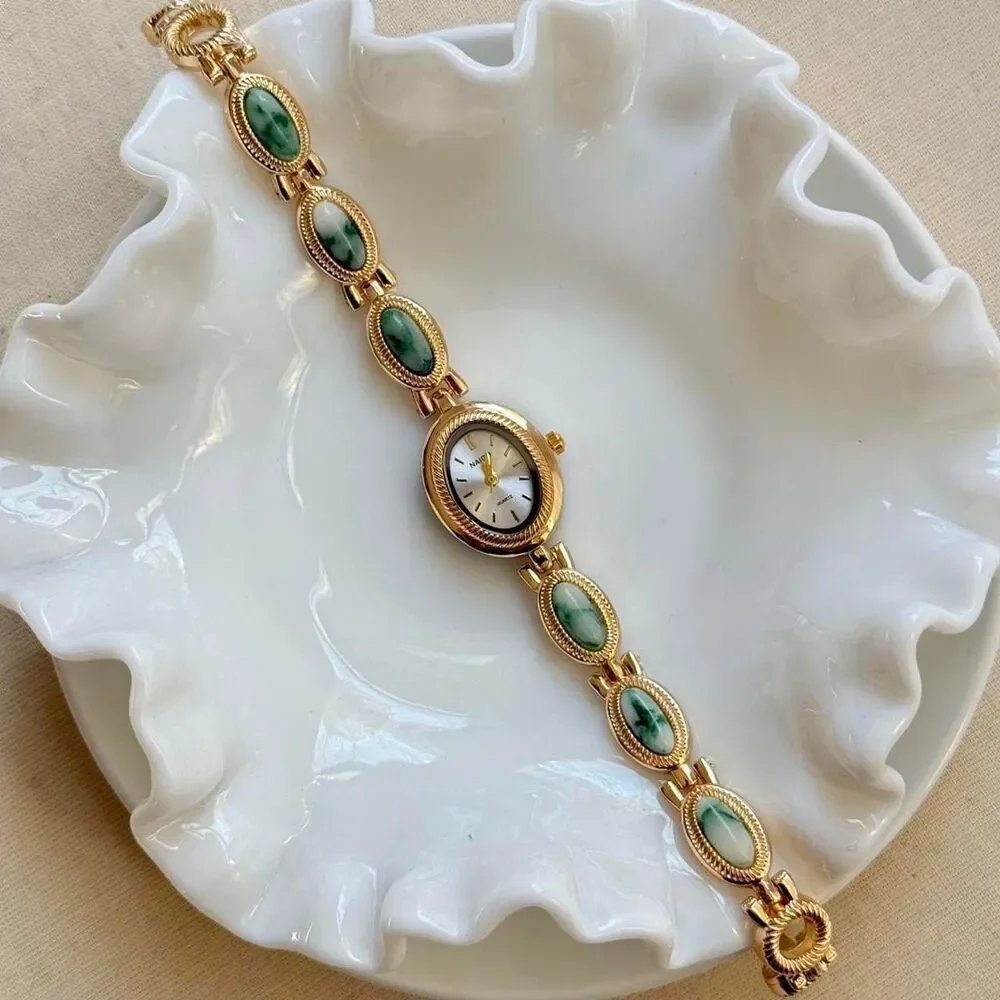 y2k cute gold round stainless steel quartz green stone charm watch